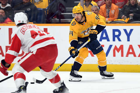 Mar 23, 2024; Nashville, Tennessee, USA; Nashville Predators left wing Kiefer Sherwood (44) skates