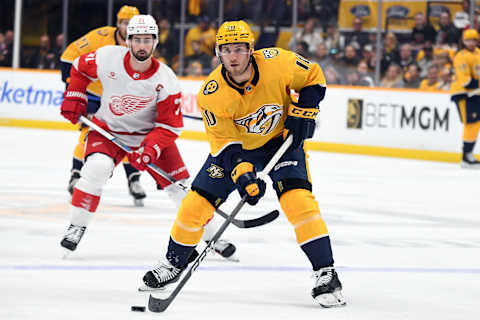 Mar 23, 2024; Nashville, Tennessee, USA; Nashville Predators center Colton Sissons (10) looks to