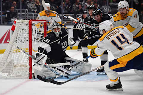 Feb 22, 2024; Los Angeles, California, USA; Los Angeles Kings goaltender David Rittich (31) stops a