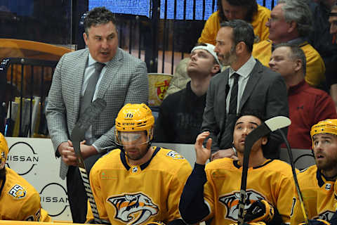 Feb 27, 2024; Nashville, Tennessee, USA; Nashville Predators head coach Andrew Brunette talks with