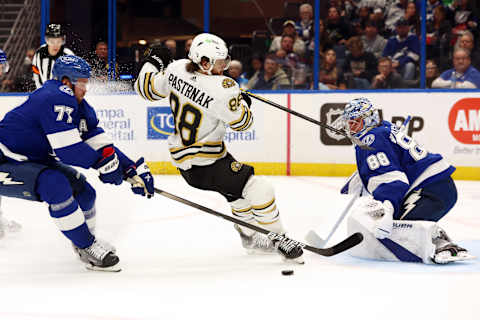 Mar 27, 2024; Tampa, Florida, USA; Tampa Bay Lightning defenseman Victor Hedman (77) defends Boston