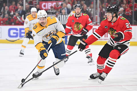 Apr 12, 2024; Chicago, Illinois, USA; Nashville Predators forward Filip Forsberg (9) loses control