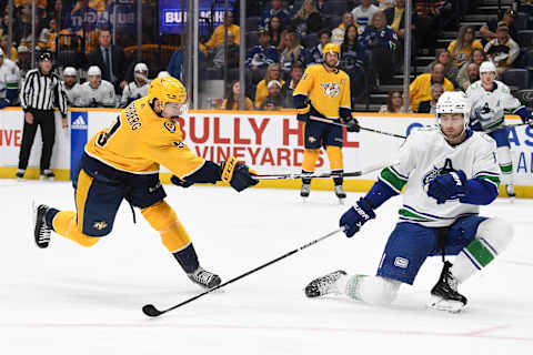 Oct 24, 2023; Nashville, Tennessee, USA; Nashville Predators left wing Filip Forsberg (9) shoots the