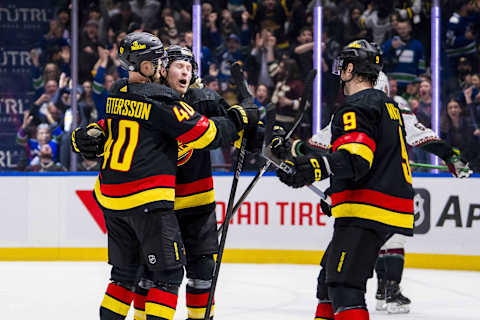 Apr 10, 2024; Vancouver, British Columbia, CAN; Vancouver Canucks forward Elias Pettersson (40) and