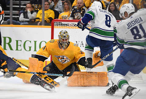 Dec 19, 2023; Nashville, Tennessee, USA; Nashville Predators goaltender Juuse Saros (74) makes a