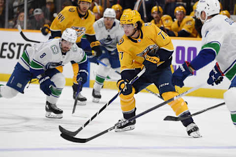 Oct 24, 2023; Nashville, Tennessee, USA; Nashville Predators right wing Luke Evangelista (77) skates