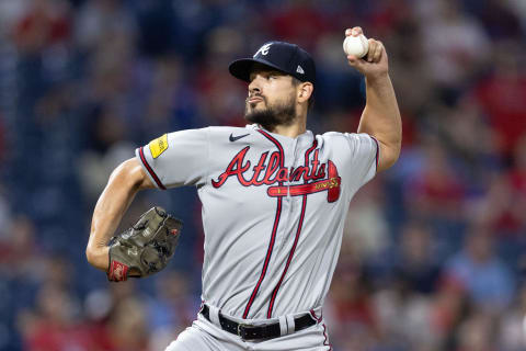 Sep 12, 2023; Philadelphia, Pennsylvania, USA; Atlanta Braves relief pitcher Brad Hand (45) throws a