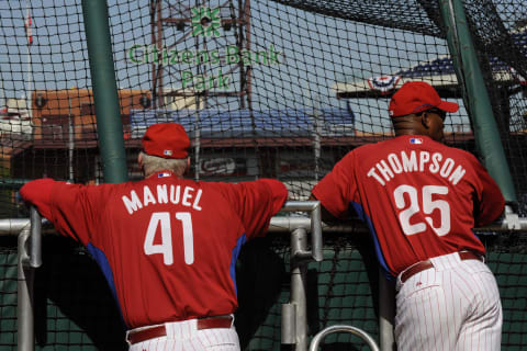 Oct 6, 2009; Philadelphia, PA, USA; Philadelphia Phillies manager Charlie Manuel and batting coach