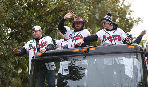 Nov 5, 2021; Atlanta, GA, USA; Atlanta Braves players from left Austin Riley , Ian Anderson and Max