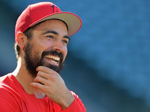 May 6, 2022; Anaheim, California, USA; Los Angeles Angels third baseman Anthony Rendon (6) talks on