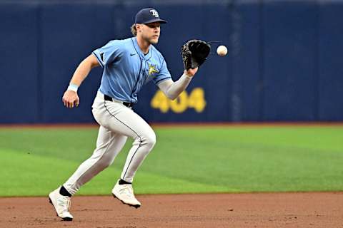 Sep 22, 2024; St. Petersburg, Florida, USA; Tampa Bay Rays shortstop Taylor Walls (6) fields a ground ball in the first inning against the Toronto Blue Jays at Tropicana Field. Mandatory Credit: Jonathan Dyer-Imagn Images