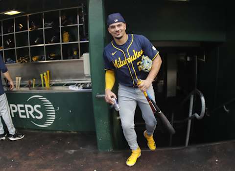 Sep 24, 2024; Pittsburgh, Pennsylvania, USA;  Milwaukee Brewers shortstop Willy Adames (27) enters the dugout to play the Pittsburgh Pirates at PNC Park. Mandatory Credit: Charles LeClaire-Imagn Images