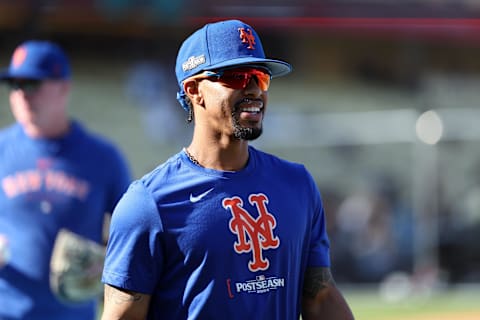 Oct 20, 2024; Los Angeles, California, USA; New York Mets shortstop Francisco Lindor (12) looks on during warm ups before game six against the Los Angeles Dodgers in the NLCS for the 2024 MLB playoffs at Dodger Stadium. Mandatory Credit: Kiyoshi Mio-Imagn Images