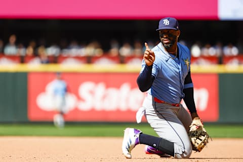 Aug 28, 2024; Seattle, Washington, USA; Tampa Bay Rays first baseman Yandy Diaz (2) reacts after catching a line drive against the Tampa Bay Rays during the eighth inning at T-Mobile Park. Mandatory Credit: Joe Nicholson-Imagn Images