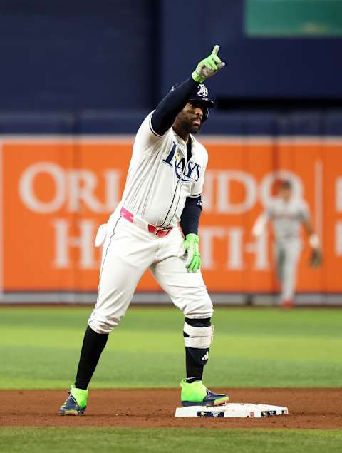 Sep 17, 2024; St. Petersburg, Florida, USA; Tampa Bay Rays designated hitter Yandy Diaz (2) points after doubling during the fifth inning against the Boston Red Sox  at Tropicana Field. Mandatory Credit: Kim Klement Neitzel-Imagn Images