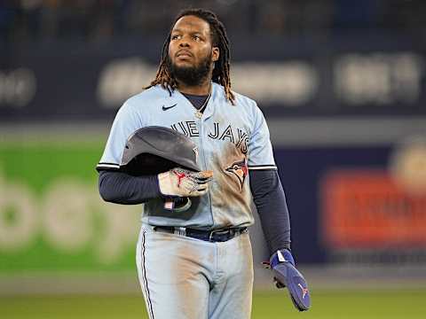 Sep 18, 2022; Toronto, Ontario, CAN; Toronto Blue Jays first baseman Vladimir Guerrero Jr. (27) comes off the field after a loss to the Baltimore Orioles at Rogers Centre. Mandatory Credit: John E. Sokolowski-Imagn Images