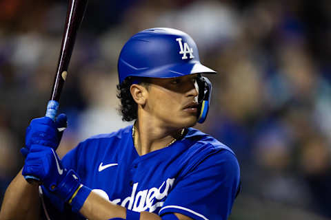 Mar 4, 2023; Surprise, Arizona, USA; Los Angeles Dodgers catcher Diego Cartaya against the Kansas City Royals during a spring training game at Surprise Stadium. Mandatory Credit: Mark J. Rebilas-Imagn Images