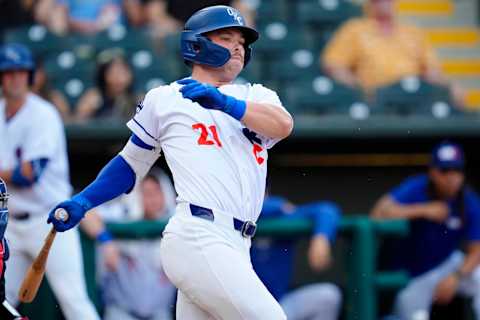 Oklahoma City's Dalton Rushing (21) grounds out during a baseball game between the Oklahoma City Baseball Club and the Round Rock Express at the Chickasaw Bricktown Ballpark in Oklahoma City, Wednesday, Aug. 7, 2024.