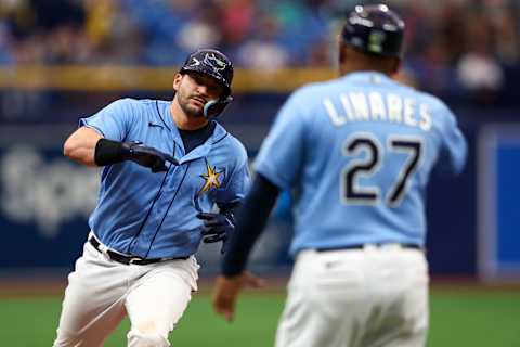 Jun 5, 2022; St. Petersburg, Florida, USA;  Tampa Bay Rays catcher Mike Zunino (10) rounds third base after hitting a two-run home run against the Chicago White Sox in the sixth inning at Tropicana Field. Mandatory Credit: Nathan Ray Seebeck-Imagn Images