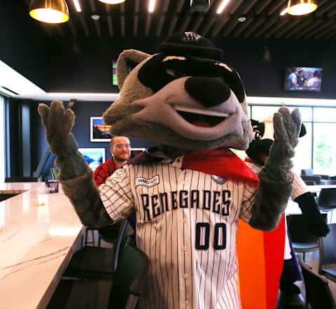 Hudson Valley Renegades mascot, Rascal, stops in at the bar in the club house during Pride Night at Heritage Financial Park on June 11, 2024.