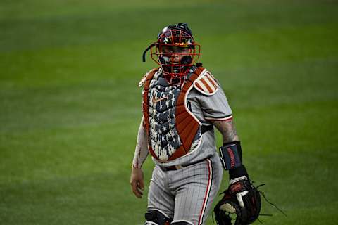 Aug 15, 2024; Arlington, Texas, USA; Minnesota Twins catcher Christian Vazquez (8) in action during the game between the Texas Rangers and the Minnesota Twins at Globe Life Field. Mandatory Credit: Jerome Miron-Imagn Images