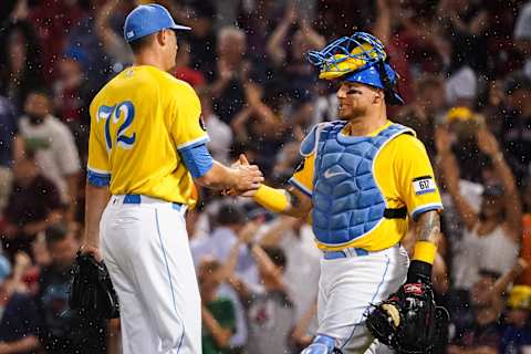 Jul 28, 2022; Boston, Massachusetts, USA; Boston Red Sox relief pitcher Garrett Whitlock (72) and catcher Christian Vazquez (7) react after defeating the Cleveland Guardians in the nine innings at Fenway Park. Mandatory Credit: David Butler II-Imagn Images