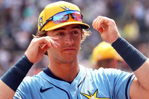 Mar 6, 2024; Tampa, Florida, USA;  Tampa Bay Rays infielder Carson Williams (80) looks on before the game against the New York Yankees at George M. Steinbrenner Field. Mandatory Credit: Kim Klement Neitzel-Imagn Images