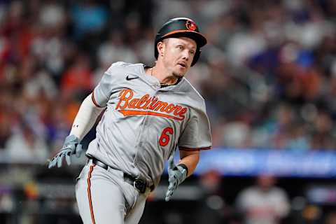 Aug 19, 2024; New York City, New York, USA; Baltimore Orioles first baseman Ryan Mountcastle (6) runs out a double against the New York Mets during the seventh inning at Citi Field. Mandatory Credit: Gregory Fisher-Imagn Images