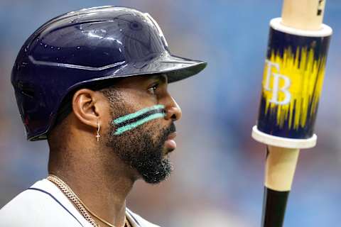 Sep 5, 2024; St. Petersburg, Florida, USA; Tampa Bay Rays first baseman Yandy Diaz (2) waits in the on deck circle against the Minnesota Twins in the ninth inning at Tropicana Field. Mandatory Credit: Nathan Ray Seebeck-Imagn Images