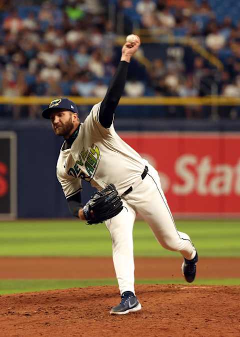 Colin Poche (38) throws a pitch against the San Francisco Giants during the seventh inning at Tropicana Field. Mandatory Credit: Kim Klement Neitzel-Imagn Images