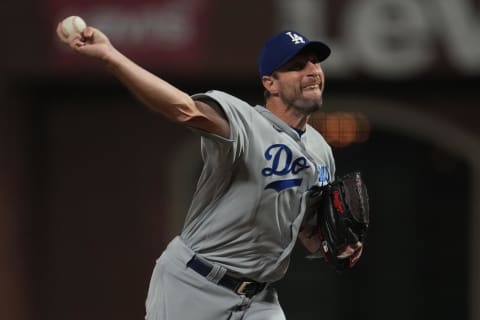 Oct 14, 2021; San Francisco, California, USA; Los Angeles Dodgers starting pitcher Max Scherzer (31)