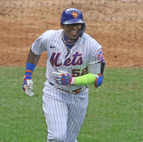 Yoenis Cespedes after he hit a home run in the seventh inning as the Atlanta Braves play the NY Mets