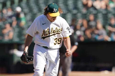 Sep 11, 2021; Oakland, California, USA; Oakland Athletics relief pitcher Andrew Chafin (39) reacts