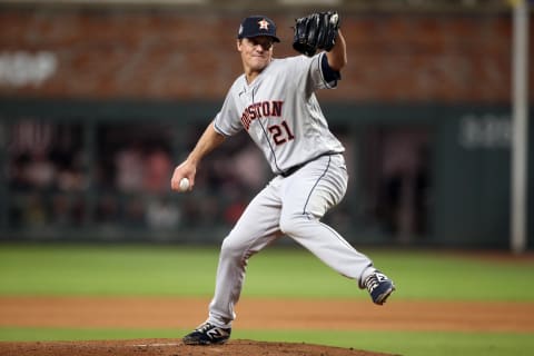 Oct 30, 2021; Atlanta, Georgia, USA; Houston Astros starting pitcher Zack Greinke (21) throws