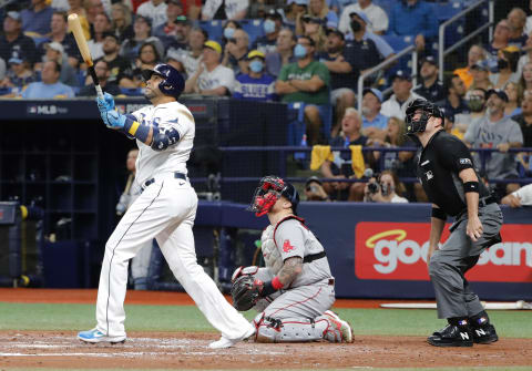 Oct 7, 2021; St. Petersburg, Florida, USA; Tampa Bay Rays designated hitter Nelson Cruz (23) hits a