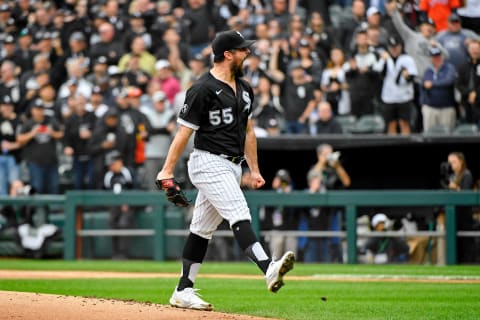 Oct 12, 2021; Chicago, Illinois, USA; Chicago White Sox starting pitcher Carlos Rodon (55) reacts