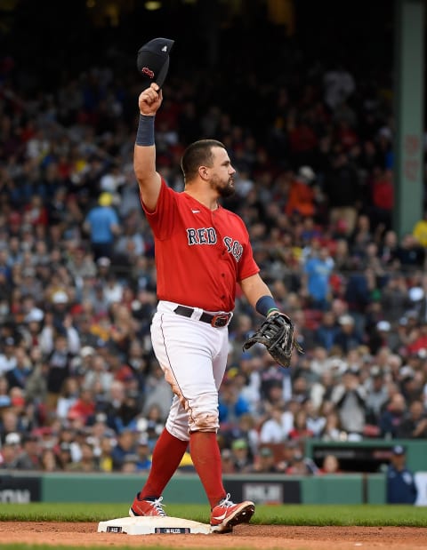 Oct 10, 2021; Boston, Massachusetts, USA; Boston Red Sox first baseman Kyle Schwarber (18) reacts