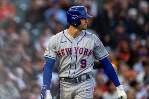 Aug 17, 2021; San Francisco, California, USA;  New York Mets center fielder Brandon Nimmo (9) reacts