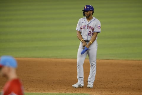 May 21, 2021; Miami, Florida, USA; New York Mets center fielder Khalil Lee (26) reacts after