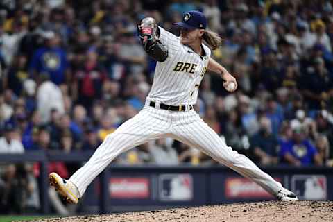 Oct 8, 2021; Milwaukee, Wisconsin, USA; Milwaukee Brewers relief pitcher Josh Hader (71) pitches