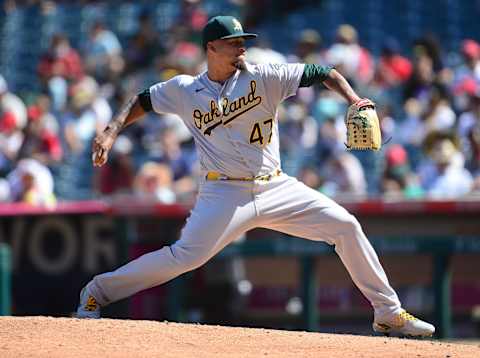 Sep 19, 2021; Anaheim, California, USA; Oakland Athletics starting pitcher Frankie Montas (47)