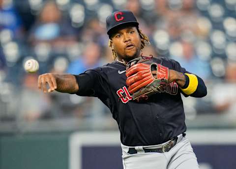 Sep 1, 2021; Kansas City, Missouri, USA; Cleveland Indians third baseman Jose Ramirez (11) throws to