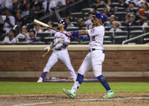 Sep 12, 2021; New York City, New York, USA; New York Mets shortstop Francisco Lindor (12) hits his