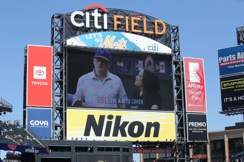 Apr 8, 2021; New York City, New York, USA; A message from New York Mets owners Steve Cohen and his