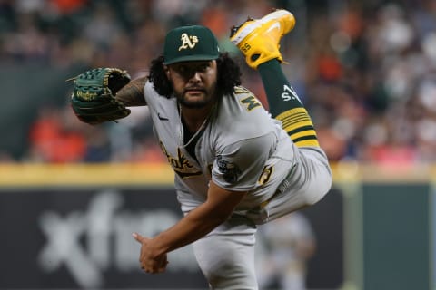 Oct 1, 2021; Houston, Texas, USA;  Oakland Athletics starting pitcher Sean Manaea (55) pitches