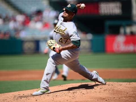 Sep 19, 2021; Anaheim, California, USA; Oakland Athletics starting pitcher Frankie Montas (47)