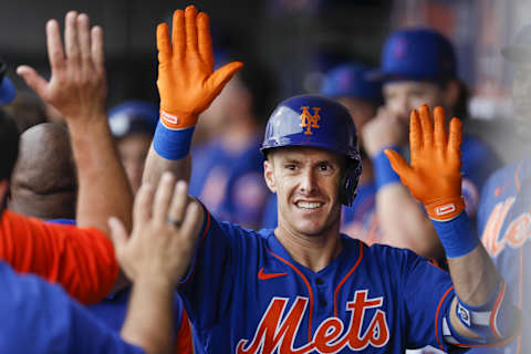 Mar 24, 2022; Port St. Lucie, Florida, USA; New York Mets right fielder Mark Canha (19) celebrates