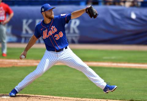 Mar 20, 2022; Port St. Lucie, Florida, USA; Tylor Megill (38) pitches during spring training in the