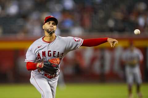 Jun 11, 2021; Phoenix, Arizona, USA; Los Angeles Angels pitcher Alex Claudio against the Arizona