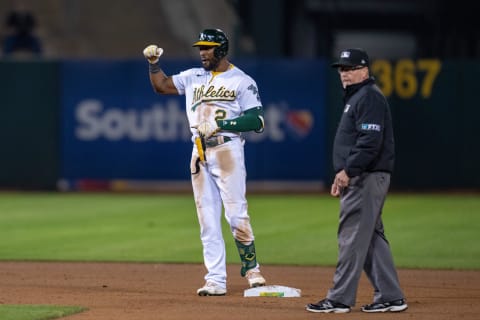 Sep 24, 2021; Oakland, California, USA;  Oakland Athletics center fielder Starling Marte (2)